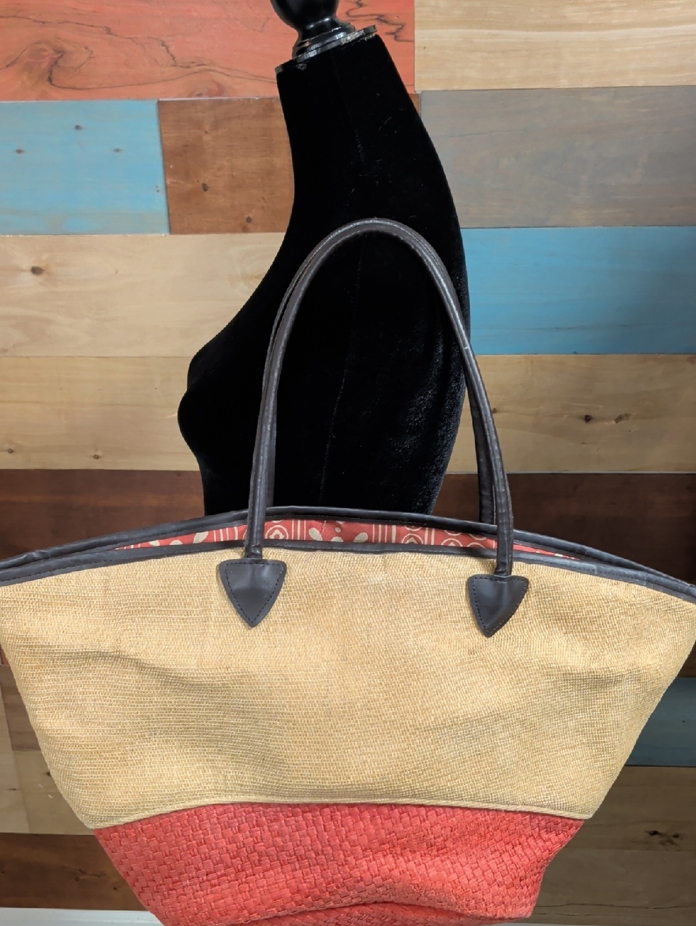 Two-Tone Straw Tote in Tan and Coral with Dark Brown Trim